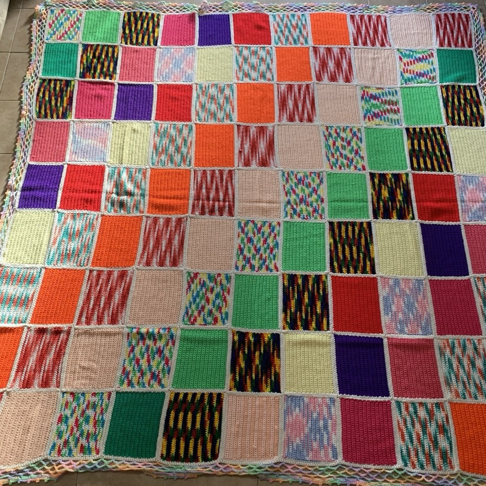Handmade Afghan Crochet Blanket 90x89 Patchwork Multicolor Pastel Scallop Edge